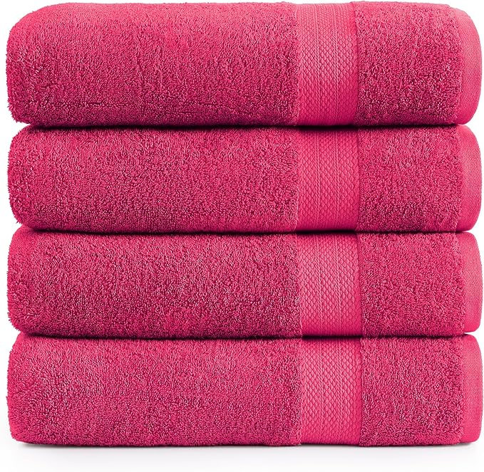 LANE LINEN Luxury 100% Ring Spun Cotton Large Bath Towels Set of 4 (28"x54") - Everyday Bathroom Towel 4 Pack - Quick Dry, Super Soft & Absorbent Large Towels Set - Dorm Essentials for Girls - Fuchsia