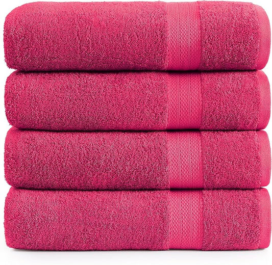 LANE LINEN Luxury 100% Ring Spun Cotton Large Bath Towels Set of 4 (28"x54") - Everyday Bathroom Towel 4 Pack - Quick Dry, Super Soft & Absorbent Large Towels Set - Dorm Essentials for Girls - Fuchsia
