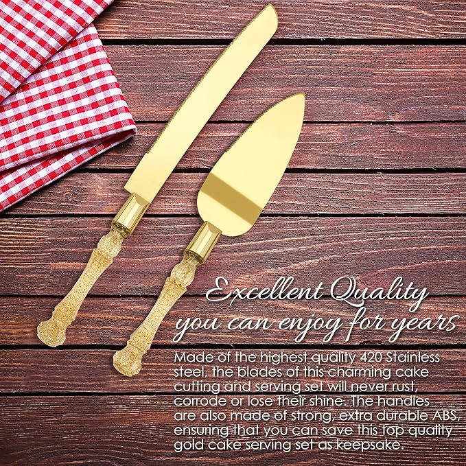 Wedding Cake Knife and Server Set, Cake Cutter and Pie Spatula, Cake Server and Knife Set of 2 with Plastic Handles, Titanium Gold Plated Blades, Cutting Set for Birthdays, and Parties (Glitter Gold)