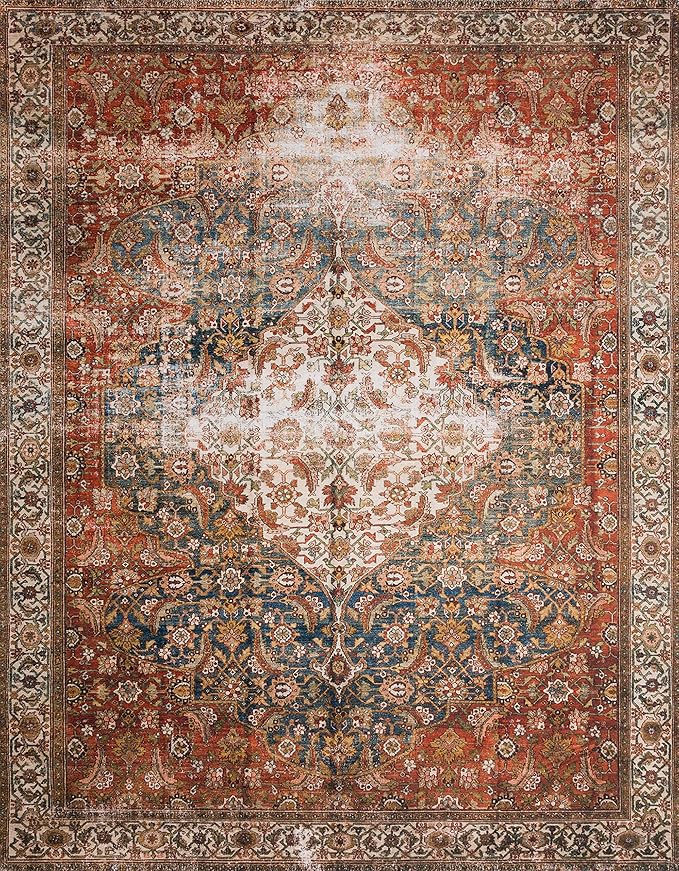 Loloi Layla Collection LAY-05 Ocean/Multi 7'-6" x 9'-6" .13" Thick Area Rug, Soft, Durable, Vintage Inspired, Distressed, Low Pile, Non-Shedding, Easy Clean, Printed, Living Room Rug