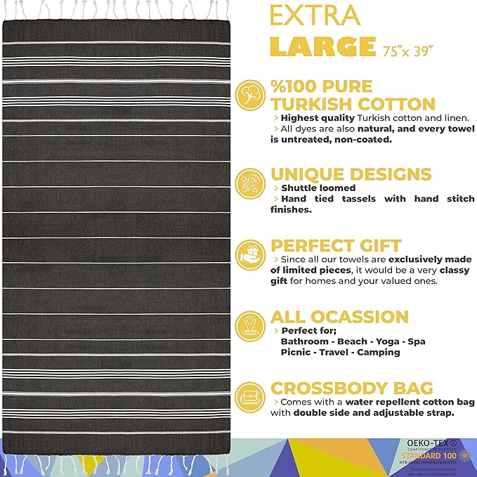 Madamelique Turkish Beach Towel with Beach Bag - 39 x 74 - Prewashed Beach Towels Oversized -%100Cotton - Quick Dry - Sand Free - Hand Loomed Turkish Bath Towels - Unique Towel (Black)