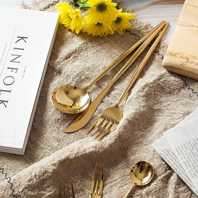 Homelux Theory 18/10 Gold Silverware Set, 5pc Mirror Polished Modern Silverware Set, 18/10 Gold Flatware, Stainless Steel Knife Spoons & Forks Set, Modern Cutlery Set of 4