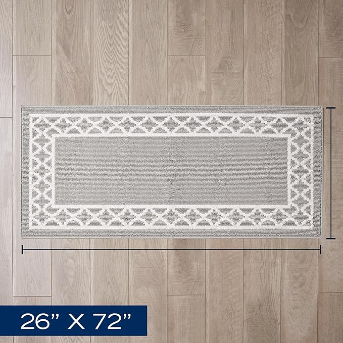 Nautica Runner Rug | Indoor Carpet for Entryway & Hallway Rug| Non-Slip and Non-Skid Entry | Machine Washable Low Profile Floor Mat | 26" x 72"| Trellis Border Light Grey and White