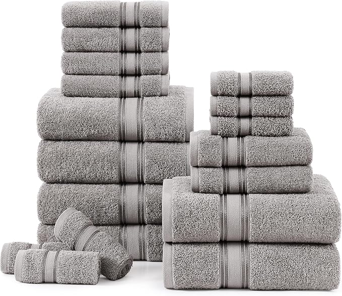 LANE LINEN 18 Pack Towels for Bathroom – 100% Mercerized Cotton, Zero Twist, 6 Bath, 6 Hand Towel & 6 Wash Cloths,Gentle on Body, Highly Absorbent, Remains Soft After Wash, Hotel & Spa Quality – Grey