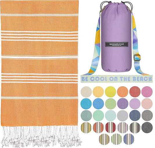 Madamelique Turkish Cotton Beach Towel, Orange, 39in x 72in, Ultra Absorbent, Quick Drying, Soft, Durable, Travel Friendly