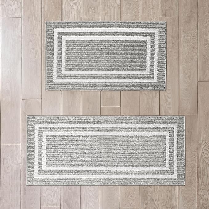 Nautica – Runner Rug 2 Piece Set | Indoor Runners for Hallways and Entry Rugs| Non-Skid Entry and Kitchen Door Mat| Machine Washable Carpet Rugs | 2'2" x 3'9" and 2'2" x 5' | Double Border Light Grey