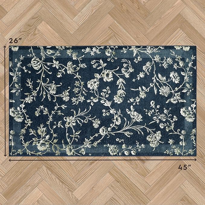 Laura Ashley Dark Navy Aria Floral Border Machine Washable & Slip Resistant 26" x 45" Accent Rug