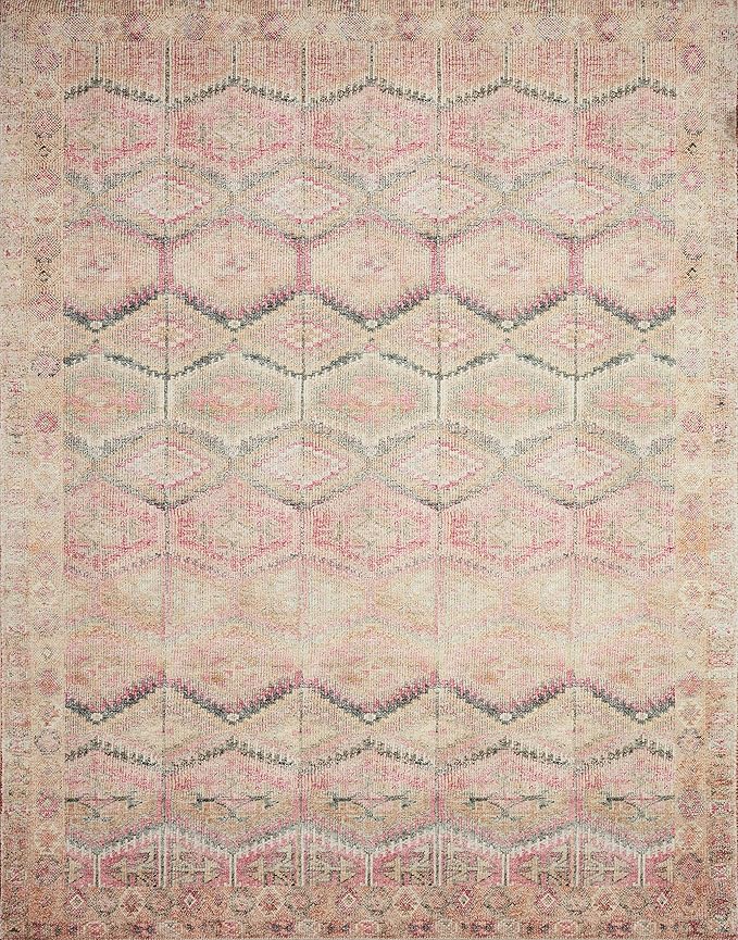 Loloi Layla Collection LAY-17 Pink/Lagoon 7'-6" x 9'-6" .13" Thick Area Rug, Soft, Durable, Vintage Inspired, Distressed, Low Pile, Non-Shedding, Easy Clean, Printed, Living Room Rug