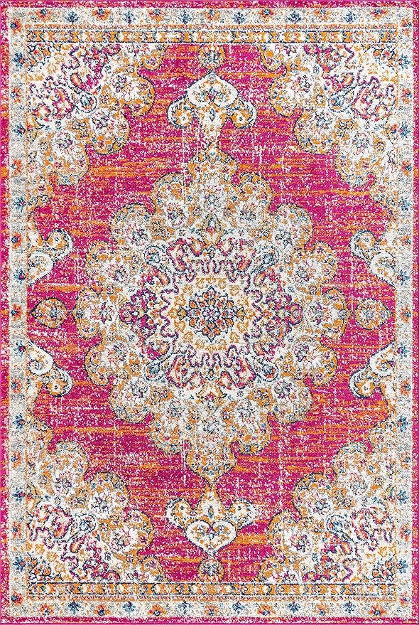 JONATHAN Y Boho Vintage Pink/Cream Indoor Area Rug, 4x6, Bohemian Flair Medallion, Chic, Floral, High Traffic for Living Room, Bedroom, Kitchen, Pet Friendly, Non-Shedding (BMF104A-4)