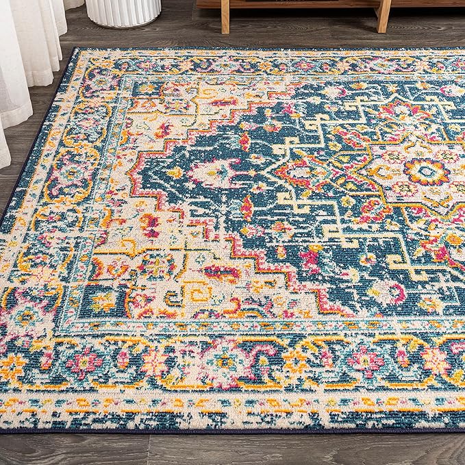 JONATHAN Y Brooklyn Geometric Medallion Blue/Beige Indoor Area Rug, 3x5, Vintage, Bohemian, Easy-Cleaning for Living Room, Bedroom, Kitchen, Pet Friendly, Non-Shedding (MDP207A-3)