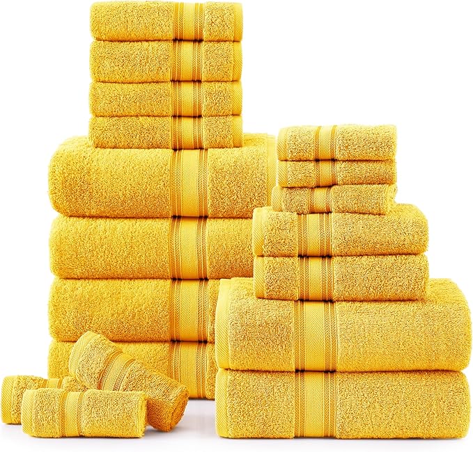 LANE LINEN 18 Pc Luxury Bath Towels Set – Ultra Soft 100% Mercerized Cotton, 6 Bath, 6 Hand Towel & 6 Wash Cloth, Zero Twist, Quick-Dry, Long-Lasting Comfort & Hotel Quality, Machine Washable – Mimosa