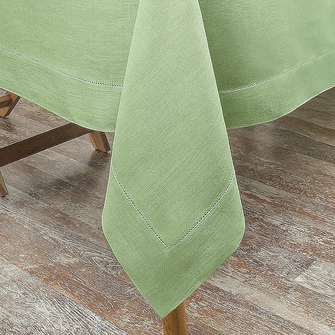 D'Moksha Homes Sage Green Linen Tablecloth for Rectangle Tables 60 x 144 Inch - 100% Pure Linen Green Table Cloth - Classic Hemstitch, Machine Washable Dining Tablecloth for Winter, Holiday
