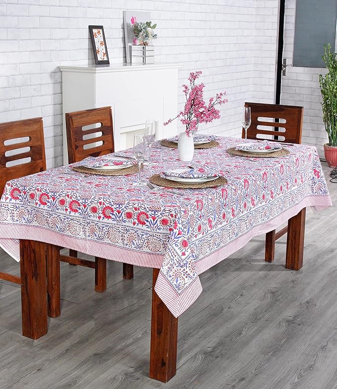 Ridhi Pigeon Blue Flamingo Pink Hand Block Print Cotton Rectangle Tablecloth 160" x 72" inches Reusable Table Cover Decorative Everyday Use for Dining, Farmhouse, Home, Party, Festive, Wedding, Fall