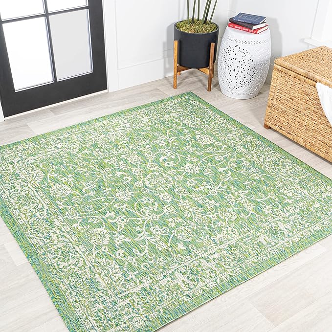 JONATHAN Y Weave Floral Indoor Outdoor Square Area Rug 5X5 Cream/Green, Tela Bohemian Textured for Backyard, Patio, Porch, Easy-Cleaning, High Traffic, Pet-Friendly, Non-Shedding (SMB100F-5SQ)