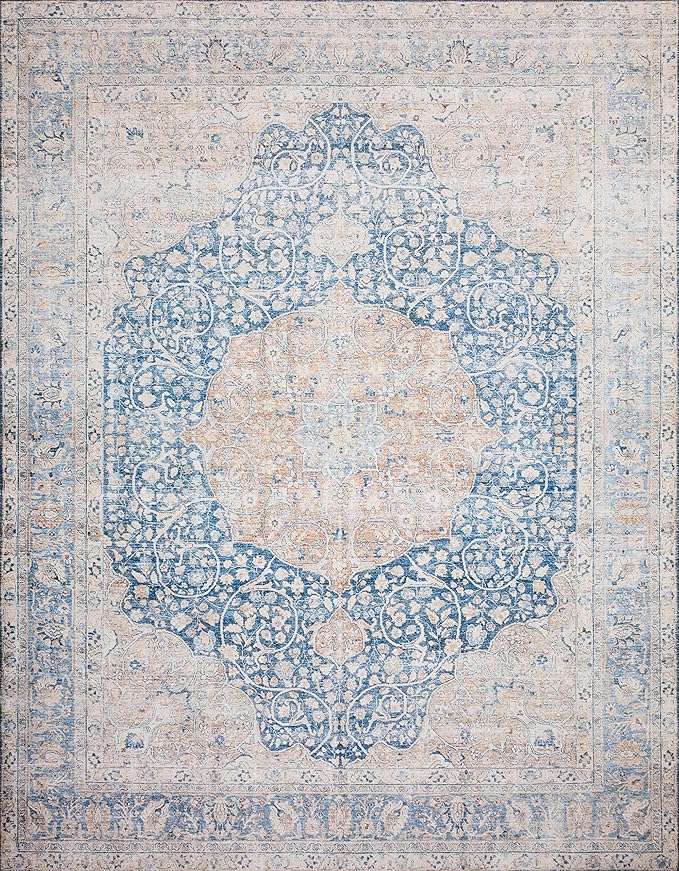 Loloi Layla Collection LAY-07 Blue/Tangerine 3'-6" x 5'-6" .13" Thick Accent Rug, Soft, Durable, Vintage Inspired, Distressed, Low Pile, Non-Shedding, Easy Clean, Printed, Living Room Rug