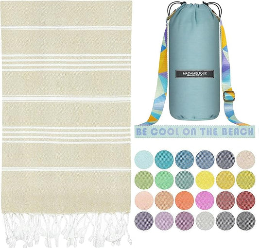 Madamelique Turkish Beach Towel with Beach Bag - 39 x 74 - Prewashed Beach Towels Oversized -%100Cotton - Quick Dry - Sand Free - Hand Loomed Turkish Bath Towels - Unique Absorbent Towel (Beige)