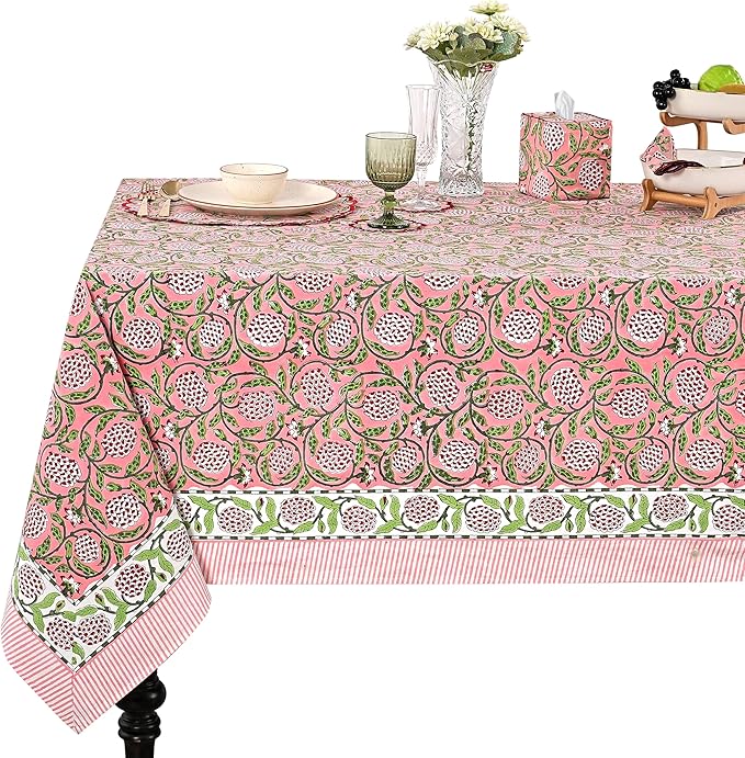 Ridhi Strawberry Pink Hand Block Print Cotton Rectangle Tablecloth 108" x 60" inches Reusable Table Cover Decorative Everyday Use for Dining, Farmhouse, Home, Party, Festive, Wedding, Fall