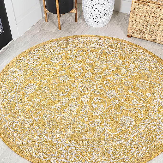 JONATHAN Y Weave Floral Indoor Outdoor Round Area Rug 5 Ft Yellow/Cream, Tela Bohemian Textured for Backyard, Patio, Porch, Easy-Cleaning, High Traffic, Pet-Friendly, Non-Shedding (SMB100E-5R)