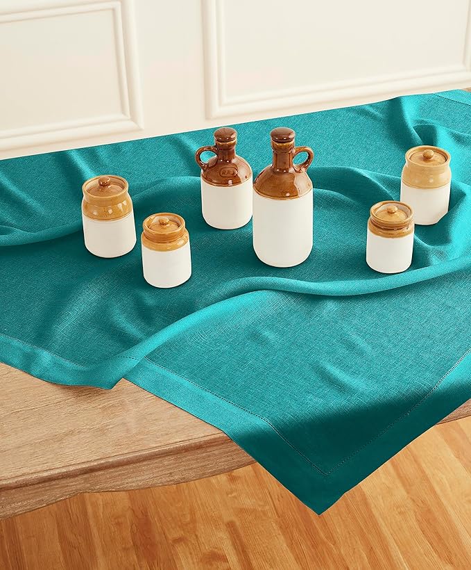 Solino Home Linen Square Tablecloth 52 x 52 Inch - 100% Pure Linen Teal Table Throw - Classic Hemstitch, Machine Washable Table Cloth for New Year