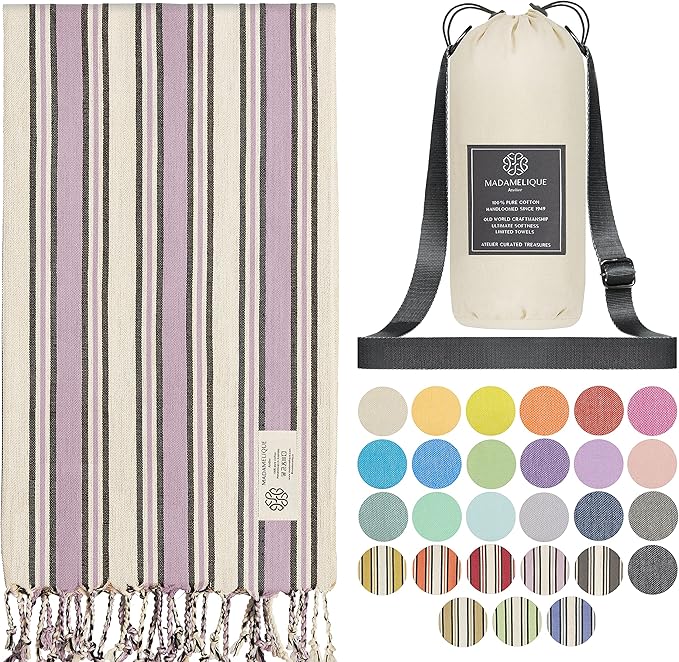 Madamelique Lavender Beach Towel with Beach Bag - 39 x 74 - Prewashed Cotton - Quick Dry - Sand Free - Hand Loomed Turkish Bath Towels
