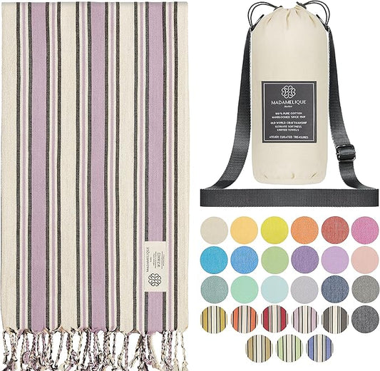 Madamelique Lavender Beach Towel with Beach Bag - 39 x 74 - Prewashed Cotton - Quick Dry - Sand Free - Hand Loomed Turkish Bath Towels