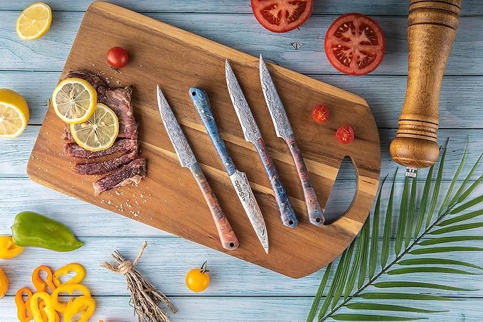 Seido Knives Kaze VG10 Damascus Steel Steak Knives - 4-Piece Straight-Edge with Solid Wood Handle