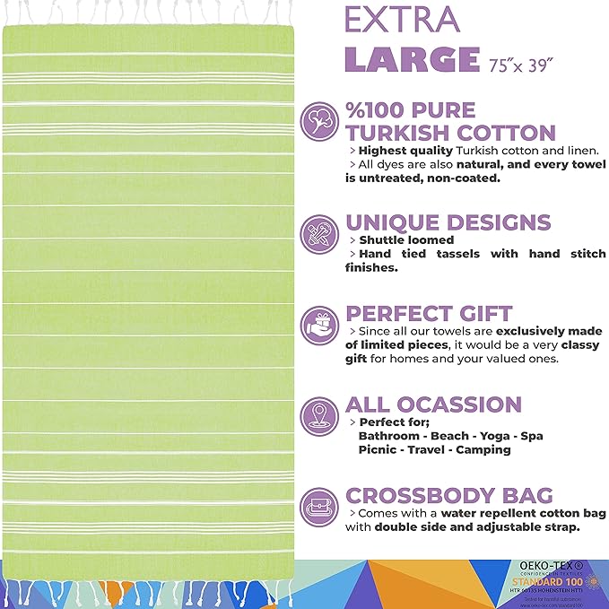 Madamelique Turkish Beach Towel with Beach Bag - 39 x 74 - Prewashed Beach Towels Oversized -%100Cotton - Quick Dry - Sand Free - Hand Loomed Turkish Bath Towels - Unique Absorbent Towel (Pistachio)