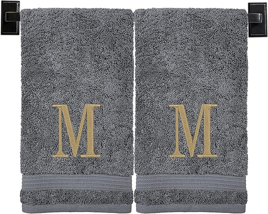 Monogrammed Hand Towels for Bathroom | Luxury Turkish Cotton | Embroidered in USA | Set of 2 | Choose Set Color and Monogram Color | A - Z | Modern Font