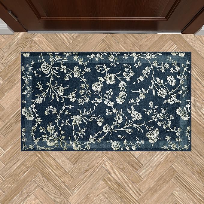 Laura Ashley Dark Navy Aria Floral Border Machine Washable & Slip Resistant 26" x 45" Accent Rug