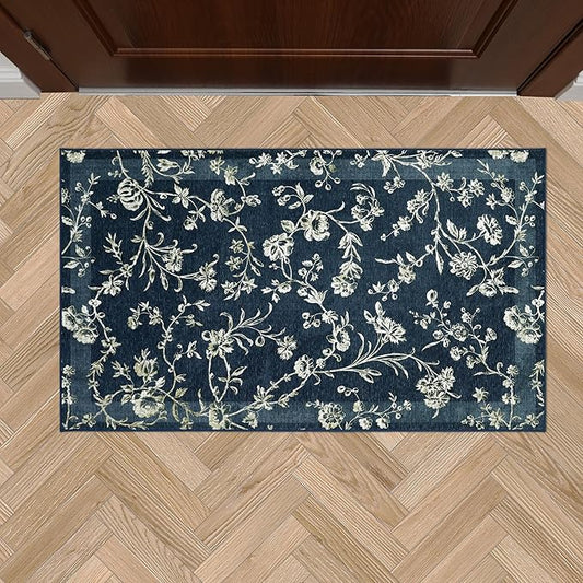 Laura Ashley Dark Navy Aria Floral Border Machine Washable & Slip Resistant 26" x 45" Accent Rug