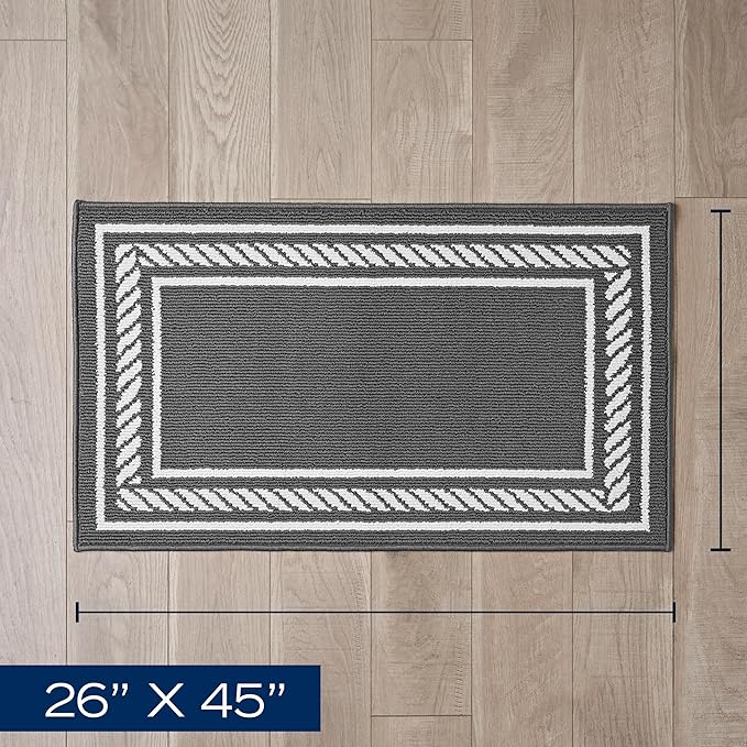 Nautica – Runner Rug | Indoor Runners for Hallways and Entry Rugs| Non-Slip and Non-Skid Entry and Kitchen Door Mat| Machine Washable Entryway Carpet Rugs | 2'2" x 3'9" | Rope Border Dark Grey