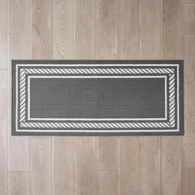 Nautica – Runner Rug | Indoor Runners for Hallways and Entry Rugs| Non-Slip and Non-Skid Entry and Kitchen Door Mat| Machine Washable Entryway Carpet Rugs | 2'2" x 5' | Rope Border Dark Grey