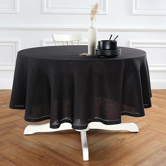 Solino Home Linen Round Tablecloth 70 Inch - 100% Pure Linen Black Round Tablecloth - Machine Washable Table Cloth for Winter, New Year - Sonoma Hemstitch