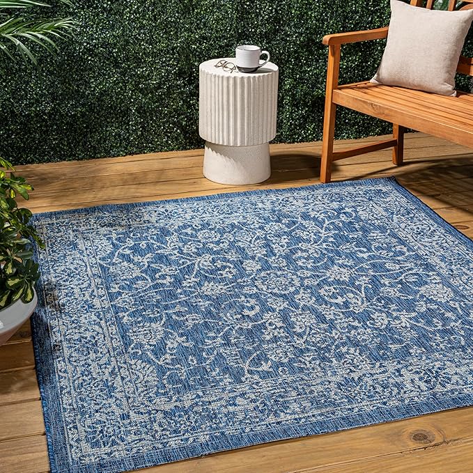JONATHAN Y Weave Floral Indoor Outdoor Square Area Rug 9X9 Navy/Gray, Tela Bohemian Textured for Backyard, Patio, Porch, Easy-Cleaning, High Traffic, Pet-Friendly, Non-Shedding (SMB100B-9SQ)