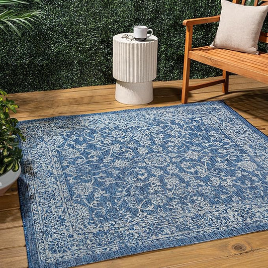 JONATHAN Y Weave Floral Indoor Outdoor Square Area Rug 8X8 Navy/Gray, Tela Bohemian Textured for Backyard, Patio, Porch, Easy-Cleaning, High Traffic, Pet-Friendly, Non-Shedding (SMB100B-8SQ)
