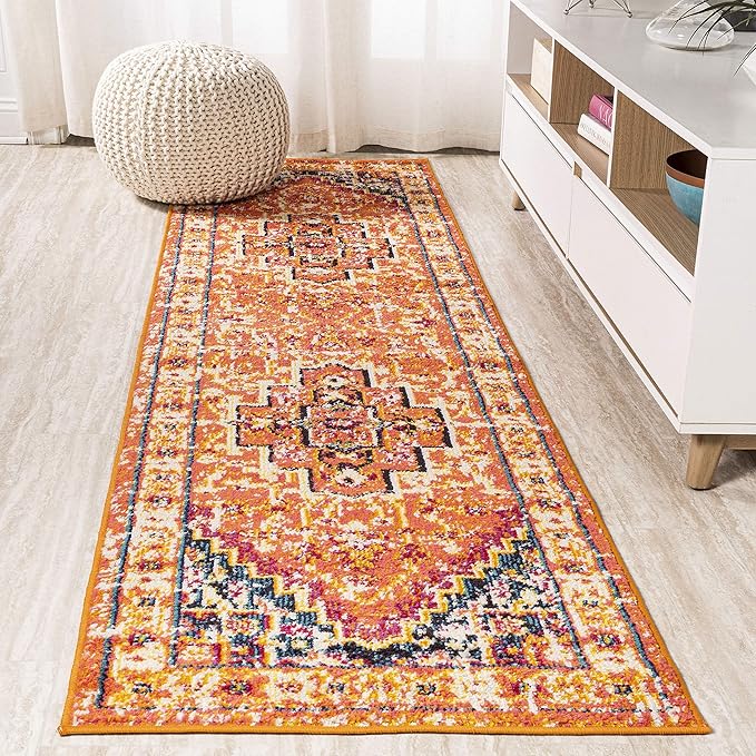 JONATHAN Y Brooklyn Geometric Medallion Orange/Blue Runner Rug, 2x8, Vintage, Bohemian, Easy-Cleaning for Living Room, Bedroom, Kitchen, Pet Friendly, Non-Shedding (MDP207D-28)