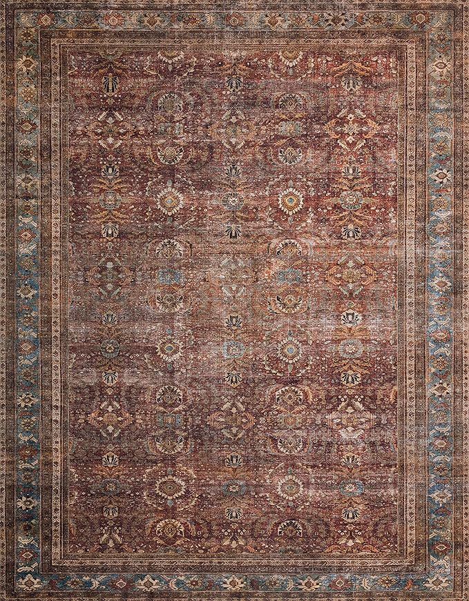 Loloi Layla Collection LAY-01 Brick/Blue 2'-0" x 5'-0" .13" Thick Accent Rug, Soft, Durable, Vintage Inspired, Distressed, Low Pile, Non-Shedding, Easy Clean, Printed, Living Room Rug