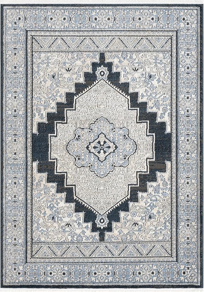 Well Woven Indira Obsidian Vintage Medallion Midnight Blue 8x10 (7'10" x 9'10") Area Rug | Heritage-Inspired, Soft & Durable, Easy to Clean for Living Room, Bedroom, Dining Room