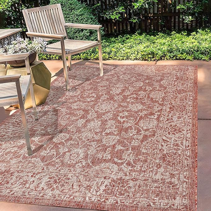 JONATHAN Y Weave Floral Indoor Outdoor Area Rug 4X6 Red/Taupe, Tela Bohemian Textured for Backyard, Patio, Porch, Easy-Cleaning, High Traffic, Pet-Friendly, Non-Shedding (SMB100A-4)