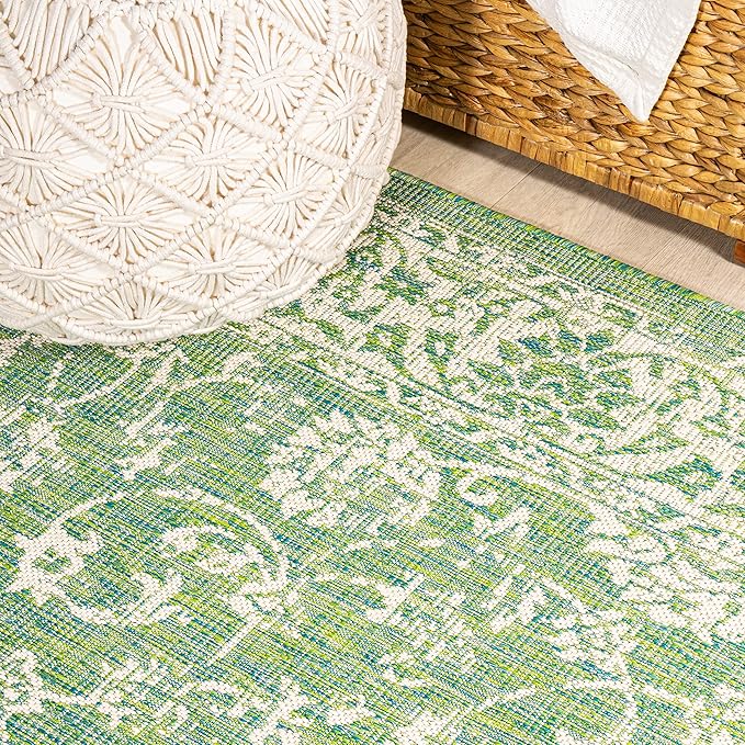 JONATHAN Y Weave Floral Indoor Outdoor Square Area Rug 5X5 Cream/Green, Tela Bohemian Textured for Backyard, Patio, Porch, Easy-Cleaning, High Traffic, Pet-Friendly, Non-Shedding (SMB100F-5SQ)