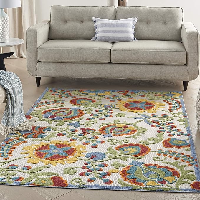 Nourison Home Aloha Ivory Multicolor 5'3" x 7'5" Area Rug - Easy Clean, Non Shedding, Bed Room, Living Room, Dining Room, Kitchen (5' x 8')