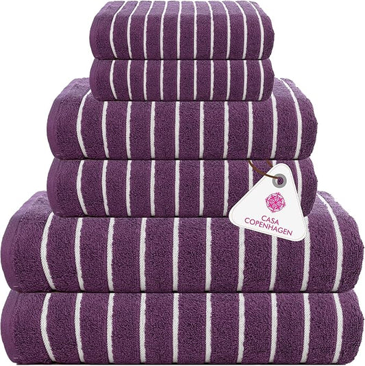 CASA COPENHAGEN Ecstatic 6 Pieces Towel Set- Dark Purple, 600 GSM 2 Bath Towel 2 Hand Towel 2 Washcloth, Designed in Denmark Made of Soft Egyptian Cotton for Bathroom, Kitchen & Shower