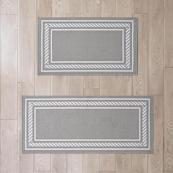 Nautica – Runner Rug 2 Piece Set | Indoor Runners for Hallways and Entry Rugs| Non-Skid Entry and Kitchen Door Mat| Machine Washable Carpet Rugs | 2'2" x 3'9" and 2'2" x 5' | Rope Border Light Grey