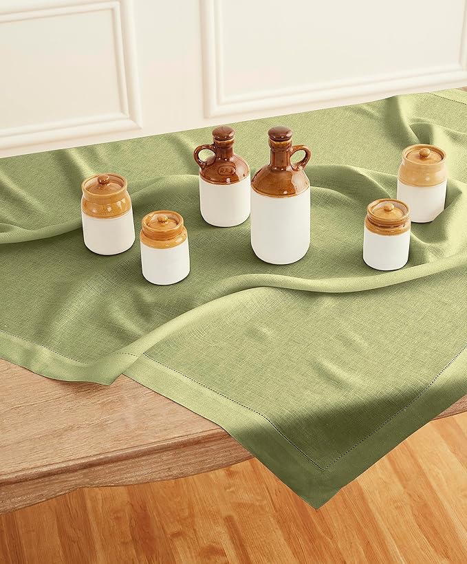 Solino Home Square Linen Tablecloth 52 x 52 Inch - 100% Pure Linen Moss Green Table Throw - Classic Hemstitch, Machine Washable Table Cloth for Winter