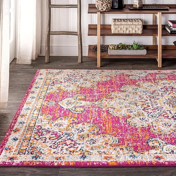 JONATHAN Y Boho Vintage Pink/Cream Indoor Area Rug, 4x6, Bohemian Flair Medallion, Chic, Floral, High Traffic for Living Room, Bedroom, Kitchen, Pet Friendly, Non-Shedding (BMF104A-4)