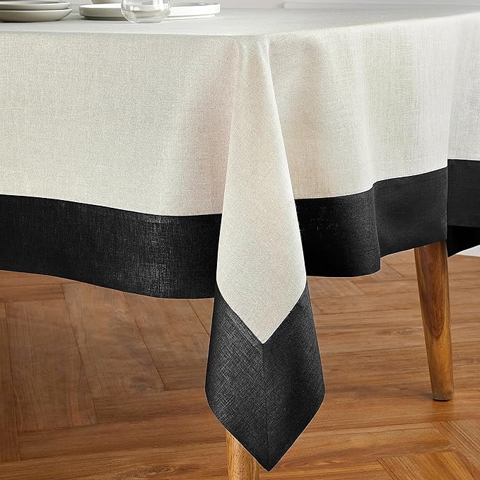 Solino Home Linen Tablecloth 60 x 120 Inch - 100% Pure Linen Black and Natural Rectangular Tablecloth - Machine Washable Table Cloth for Winter - Contempo