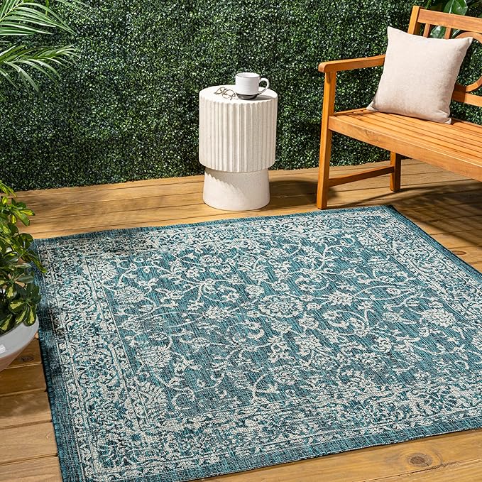 JONATHAN Y Weave Floral Indoor Outdoor Square Area Rug 6X6 Teal/Gray, Tela Bohemian Textured for Backyard, Patio, Porch, Easy-Cleaning, High Traffic, Pet-Friendly, Non-Shedding (SMB100C-6SQ)