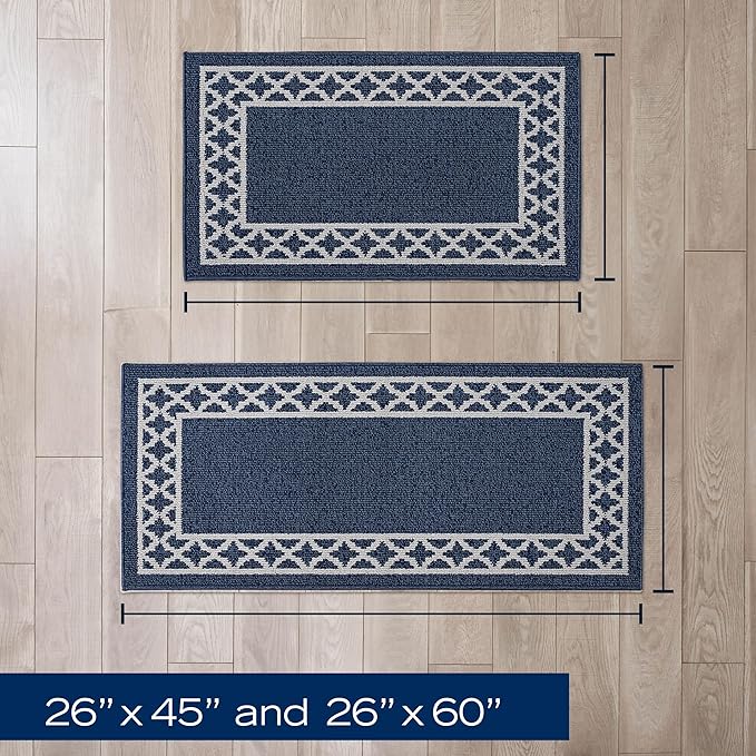 Nautica – Runner Rug 2 Piece Set | Indoor Runners for Hallways and Entry Rugs| Non-Skid Entry and Kitchen Door Mat| Machine Washable Carpet Rugs | 2'2" x 3'9" and 2'2" x 5' | Trellis Denim