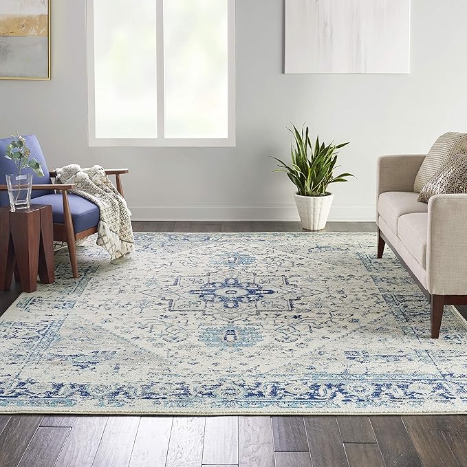 Nourison Home Tranquil Ivory/Light Blue 8'10" x 11'10" Area Rug - Easy Clean, Non Shedding, Bed Room, Living Room, Dining Room, Kitchen (9' x 12')