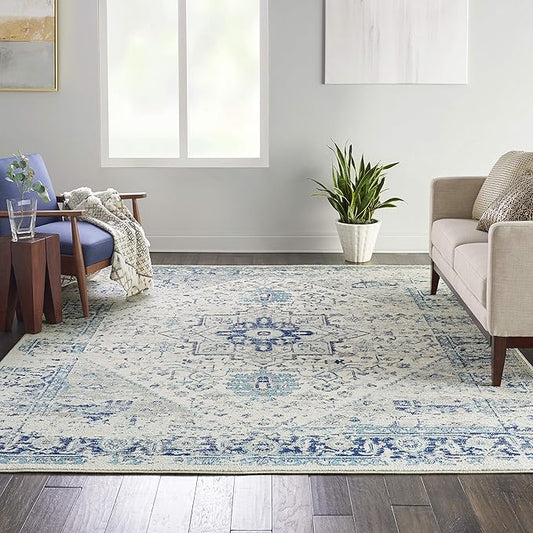 Nourison Home Tranquil Ivory/Light Blue 8'10" x 11'10" Area Rug - Easy Clean, Non Shedding, Bed Room, Living Room, Dining Room, Kitchen (9' x 12')